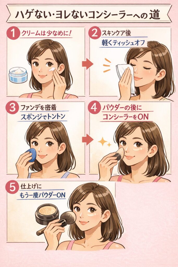 【ハゲない・ヨレないコンシーラーへの道】
①スキンケアのクリームを少なくする
②スキンケアの後ティッシュで一度おさえる
③ファンデーションをのせた後、スポンジでしっかりフィックス
④パウダーをのせてからコンシーラーをぬる
⑤その上からさらにパウダーでセッティング